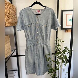 Vintage romper seersucker blue and white engineer stripes medium
